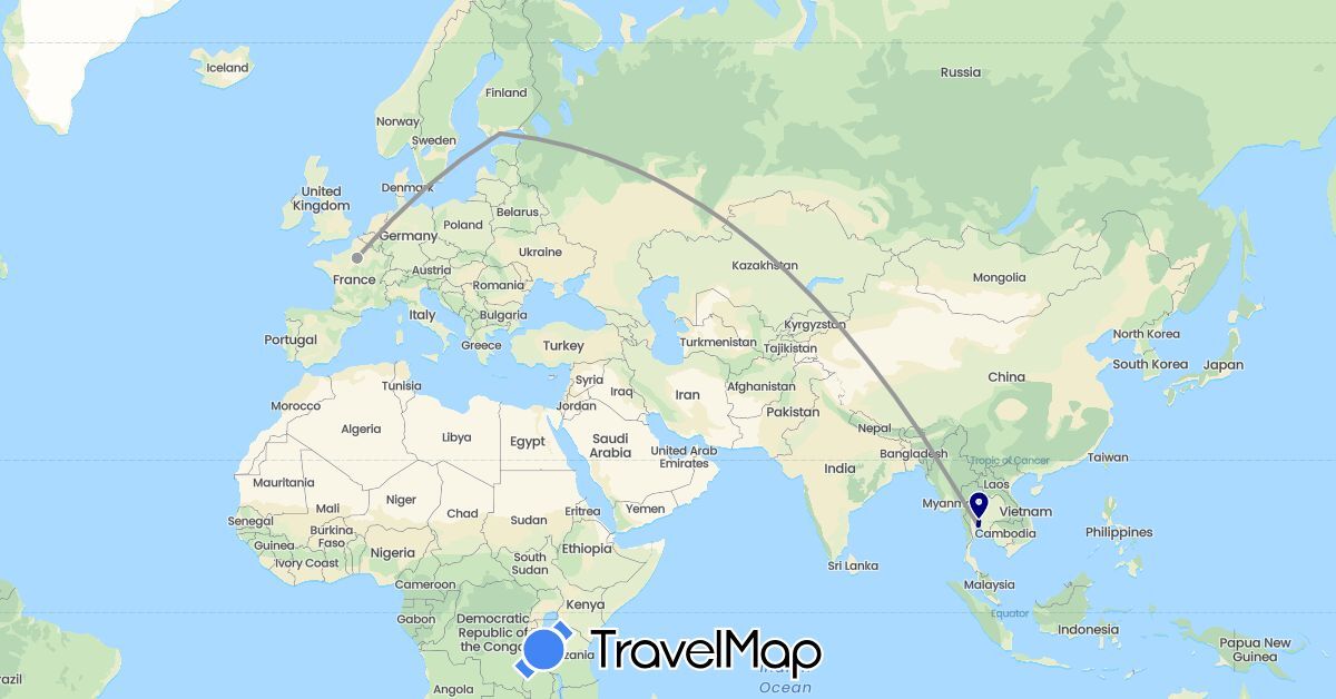 TravelMap itinerary: driving, plane in Finland, France, Thailand (Asia, Europe)